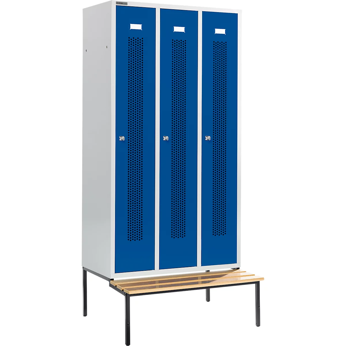 Schäfer Shop Select Taquilla, con banco, 3 compartimentos, 300 mm, cerradura de cilindro, puerta azul genciana