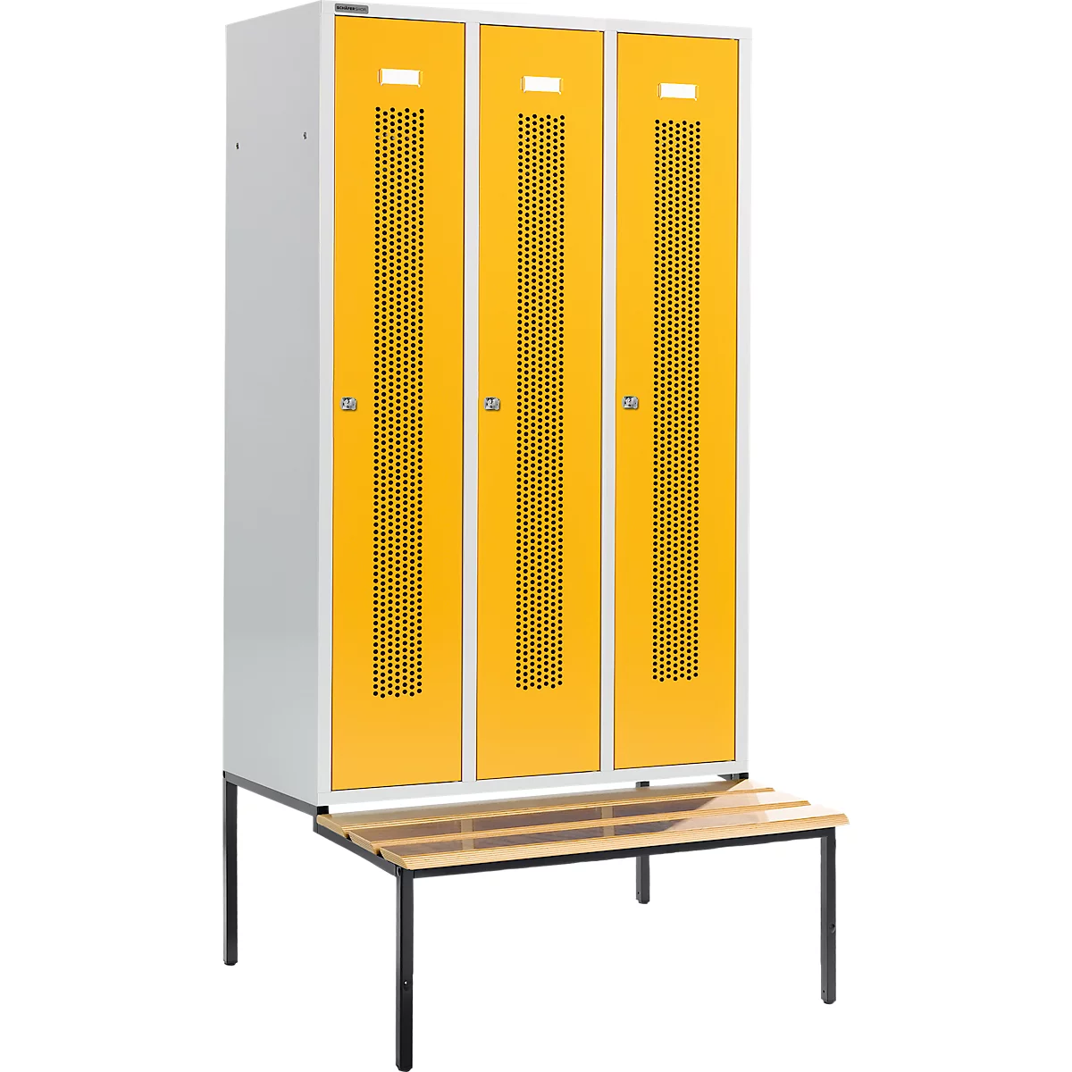 Schäfer Shop Select Taquilla, con banco, 3 compartimentos, 400 mm, cerradura de cilindro, puerta amarillo colza