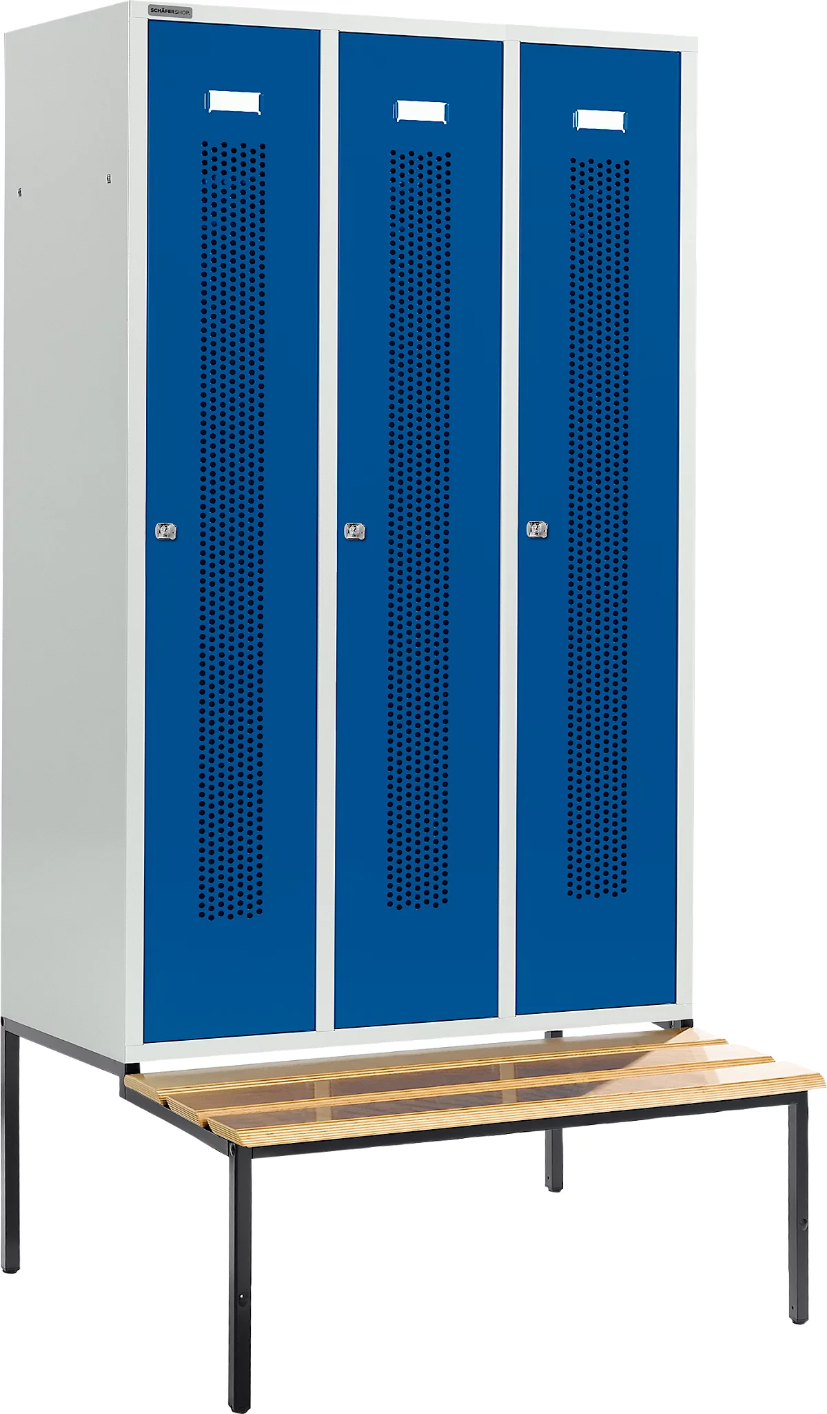 Schäfer Shop Select Taquilla, con banco, 3 compartimentos, 400 mm, cerradura de cilindro, puerta azul genciana