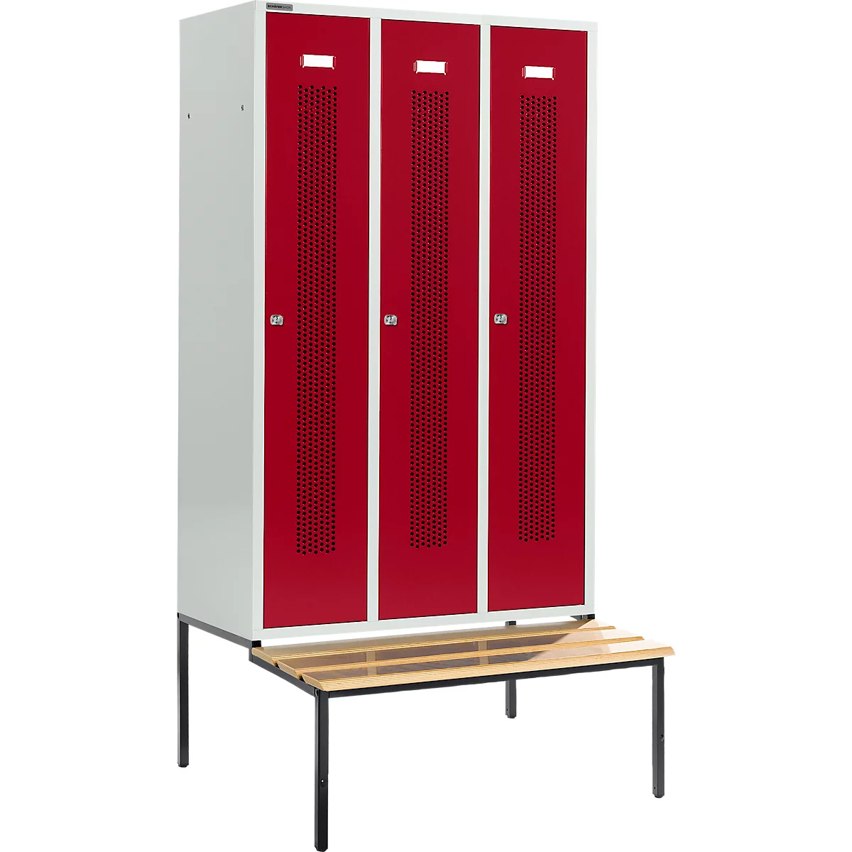 Schäfer Shop Select Taquilla, con banco, 3 compartimentos, 400 mm, cerradura de cilindro, puerta rojo rubí