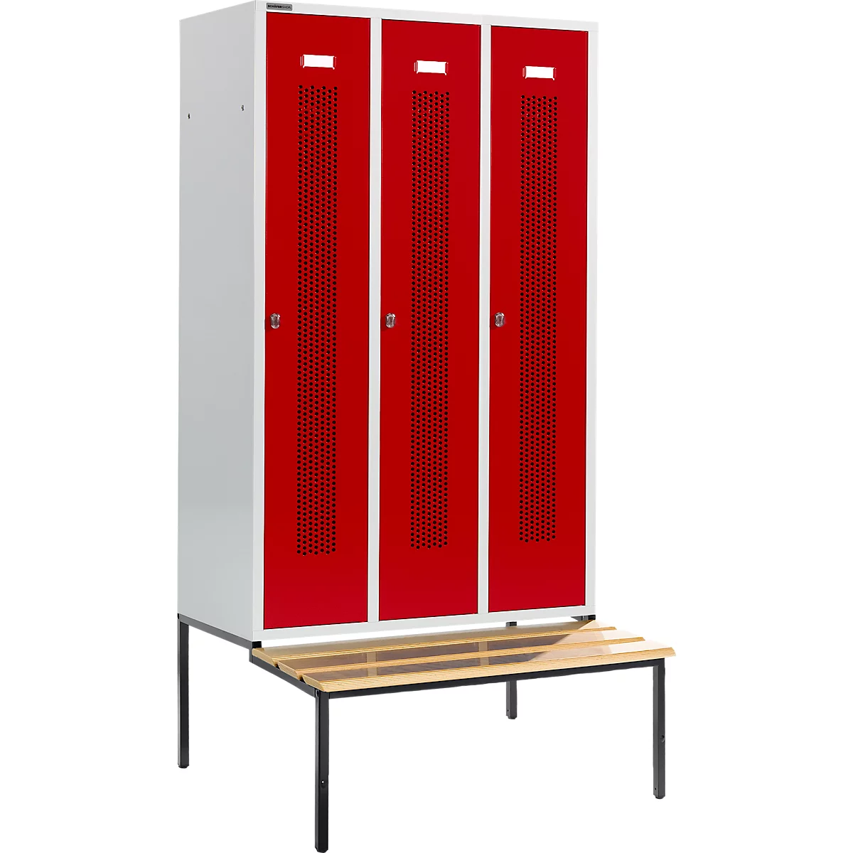 Schäfer Shop Select Taquilla, con banco, 3 compartimentos, 400 mm, cierre de pasador giratorio, puerta rojo rubí