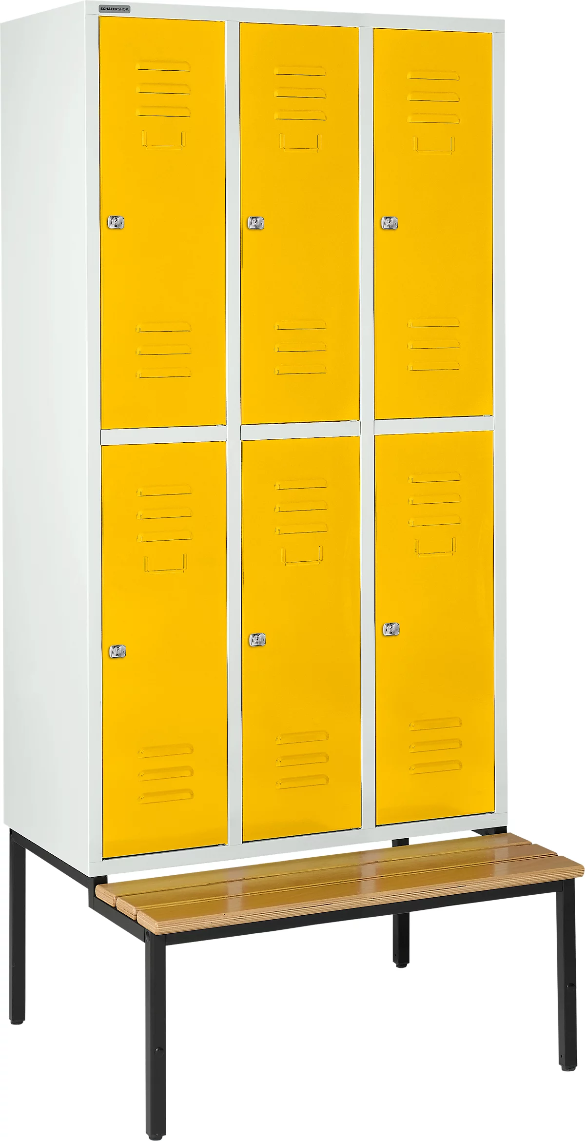 Schäfer Shop Select Taquilla, con banco, 3x2 compartimentos, 300 mm, cerradura de cilindro, puerta amarillo
