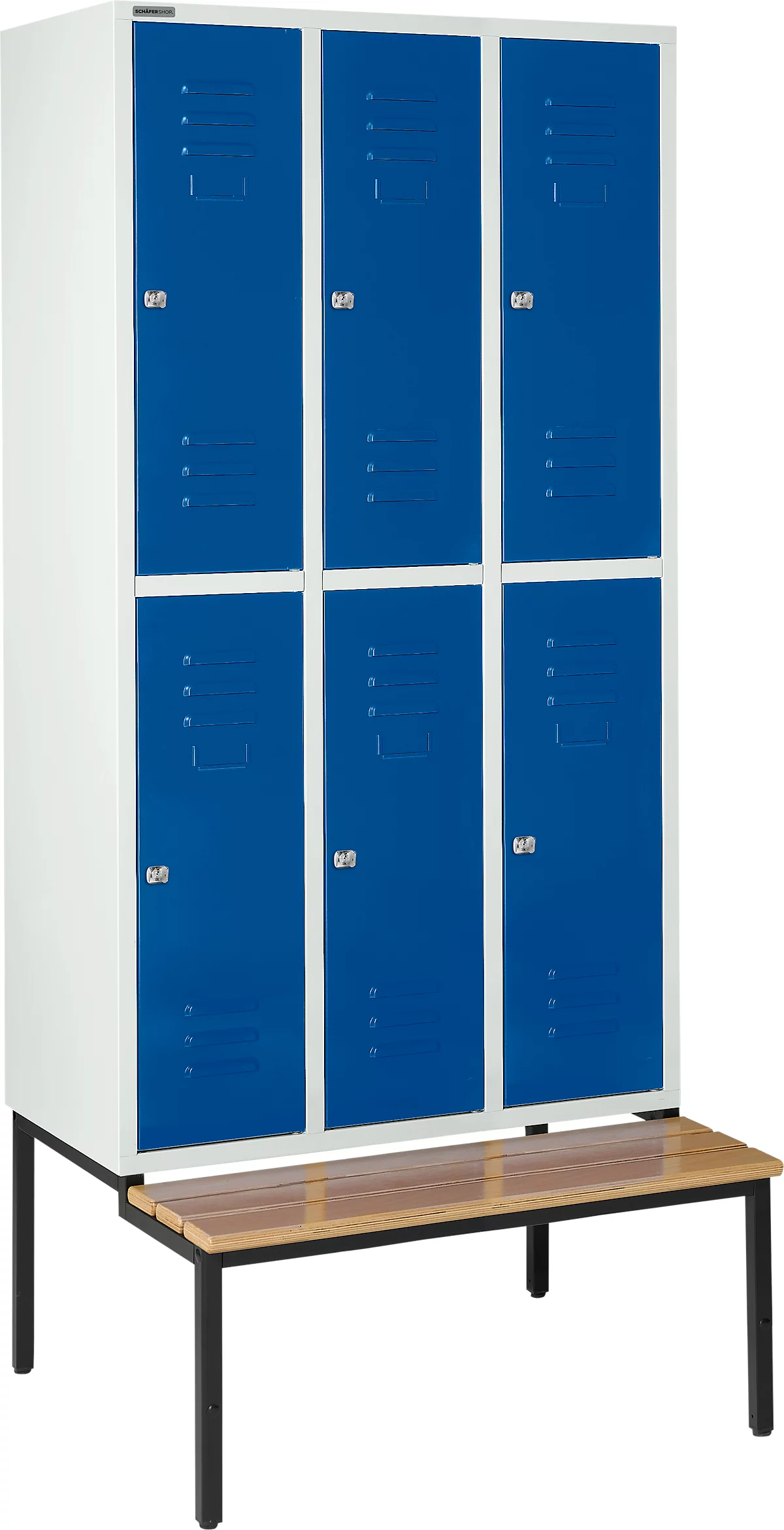 Schäfer Shop Select Taquilla, con banco, 3x2 compartimentos, 300 mm, cerradura de cilindro, puerta azul genciana