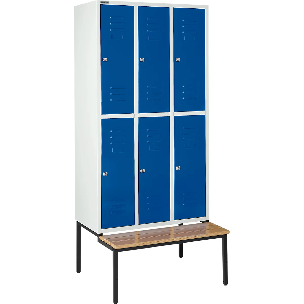 Schäfer Shop Select Taquilla, con banco, 3x2 compartimentos, 300 mm, cerradura de cilindro, puerta azul genciana