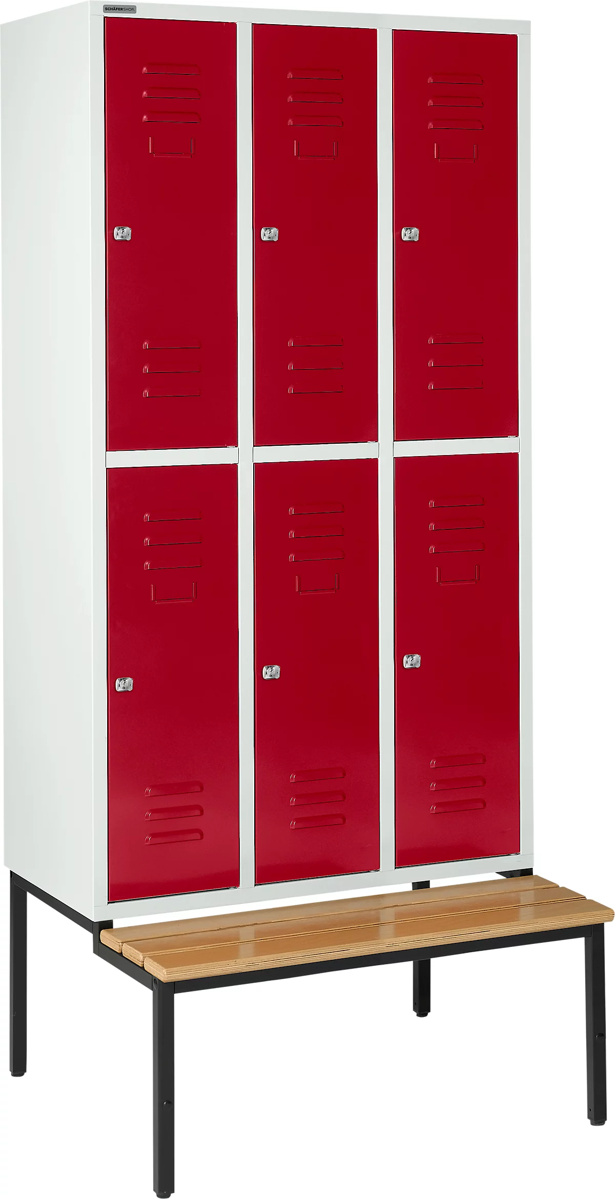 Schäfer Shop Select Taquilla, con banco, 3x2 compartimentos, 300 mm, cerradura de cilindro, puerta rojo rubí