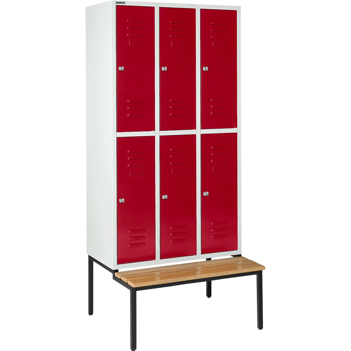 Schäfer Shop Select Taquilla, con banco, 3x2 compartimentos, 300 mm, cerradura de cilindro, puerta rojo rubí