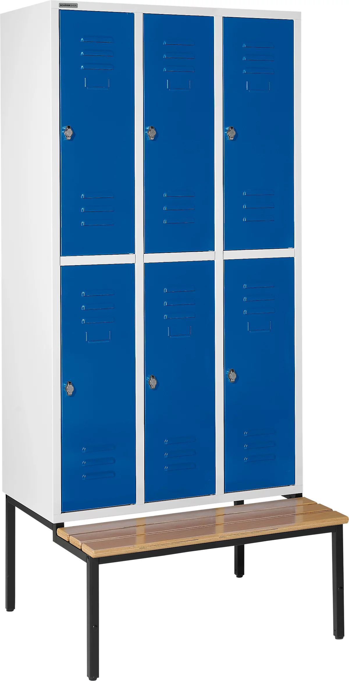 Schäfer Shop Select Taquilla, con banco, 3x2 compartimentos, 300 mm, cierre de pasador giratorio, puerta azul genciana
