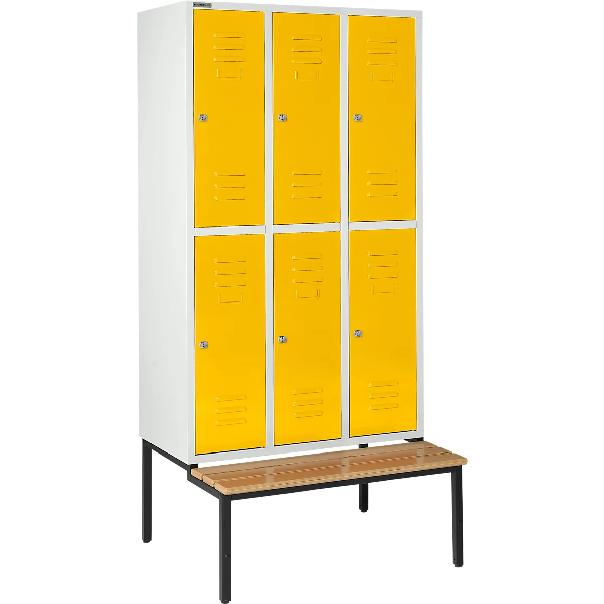 Schäfer Shop Select Taquilla, con banco, 3x2 compartimentos, 400 mm, cerradura de cilindro, puerta amarillo