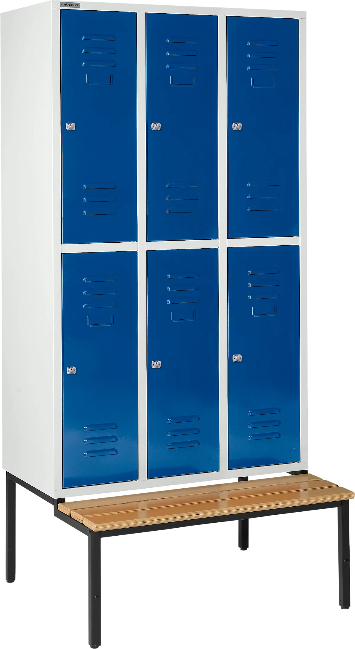 Schäfer Shop Select Taquilla, con banco, 3x2 compartimentos, 400 mm, cerradura de cilindro, puerta azul genciana