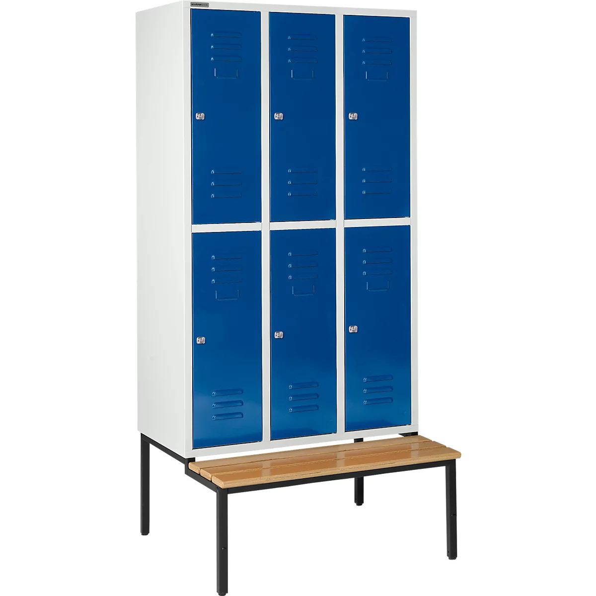 Schäfer Shop Select Taquilla, con banco, 3x2 compartimentos, 400 mm, cerradura de cilindro, puerta azul genciana