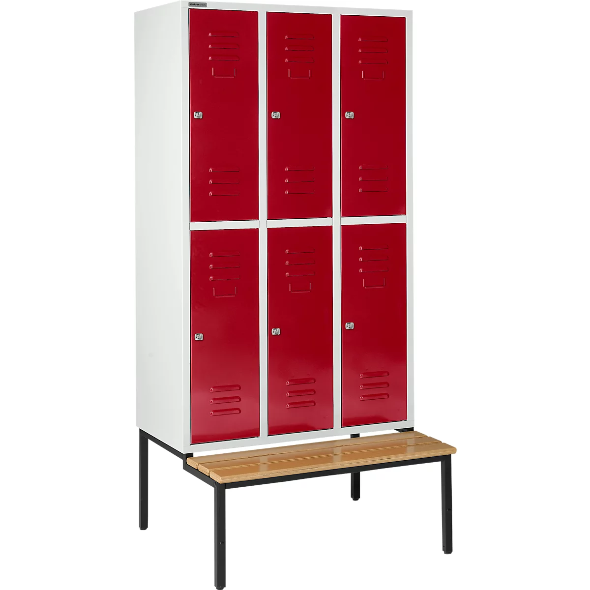 Schäfer Shop Select Taquilla, con banco, 3x2 compartimentos, 400 mm, cerradura de cilindro, puerta rojo rubí