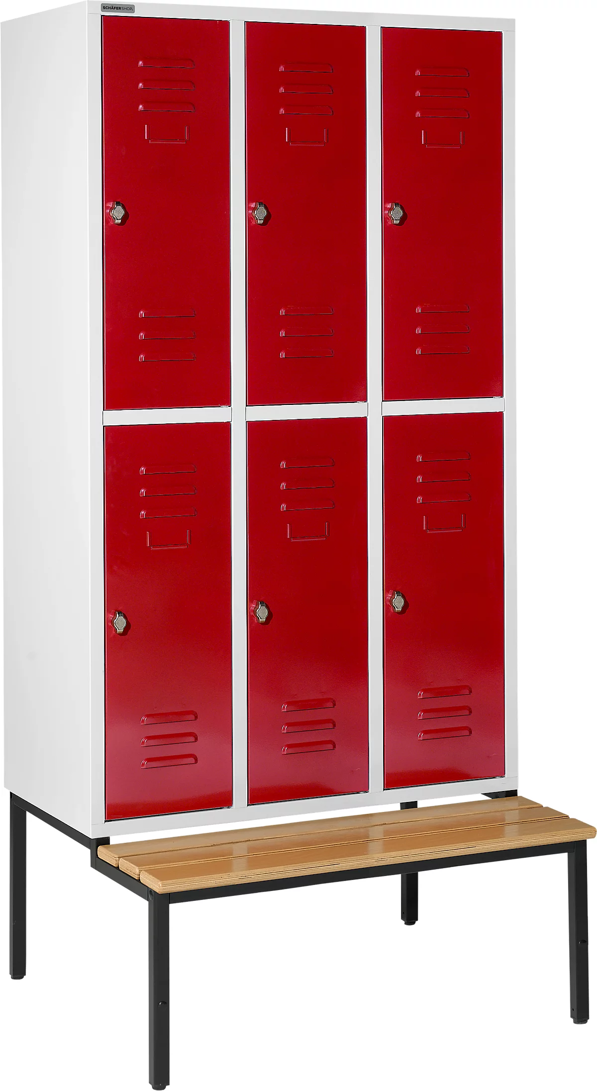 Schäfer Shop Select Taquilla, con banco, 3x2 compartimentos, 400 mm, cierre de pasador giratorio, puerta rojo rubí