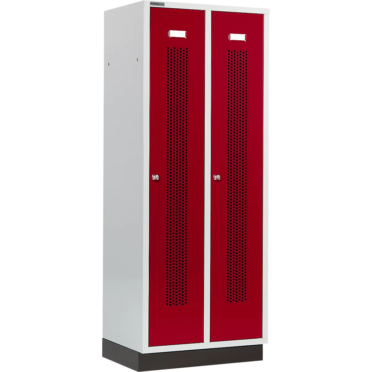 Schäfer Shop Select Taquilla, con franjas perforadas, 2 compartimentos, 400 mm, con zócalo, cerradura de cilindro, puerta rojo rubí