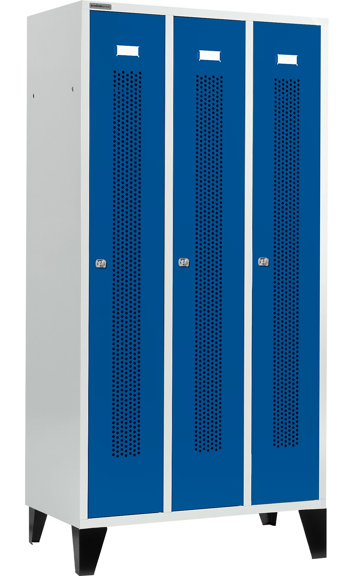 Schäfer Shop Select Taquilla, con franjas perforadas, 3 compartimentos, 300 mm, con patas, cerradura de cilindro, puerta azul genciana
