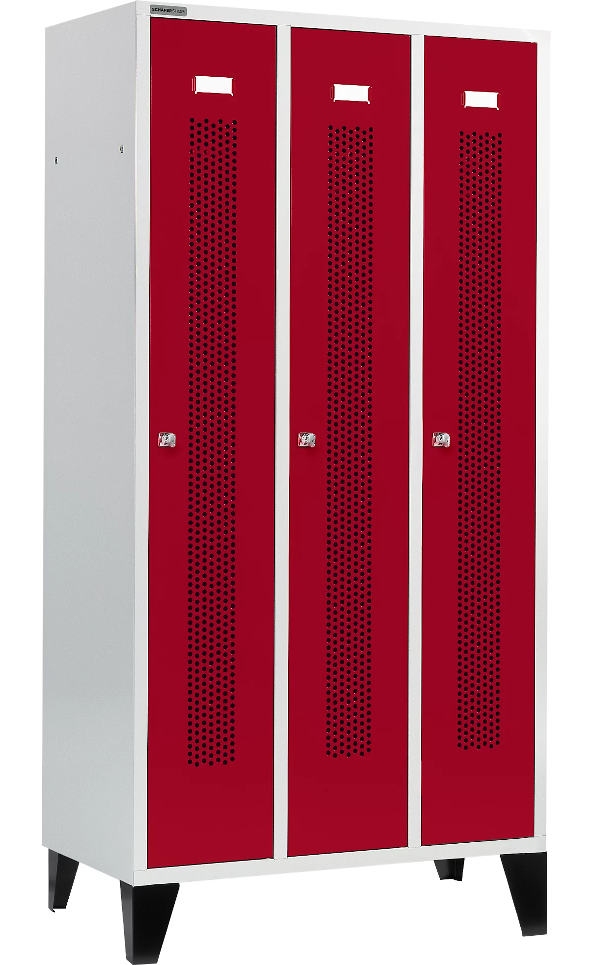 Schäfer Shop Select Taquilla, con franjas perforadas, 3 compartimentos, 300 mm, con patas, cerradura de cilindro, puerta rojo rubí
