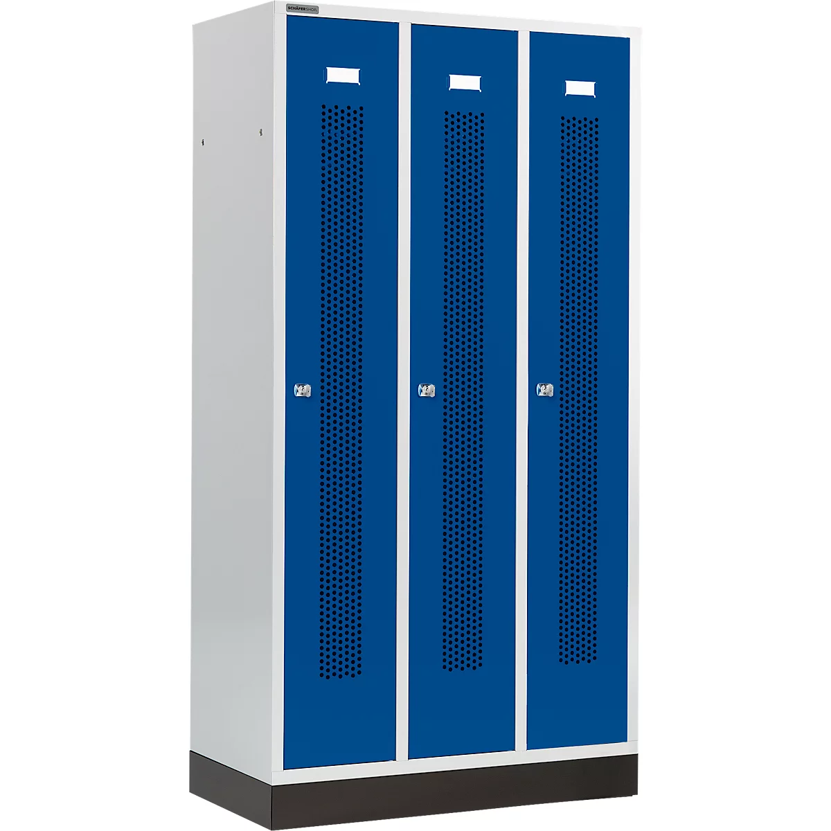 Schäfer Shop Select Taquilla, con franjas perforadas, 3 compartimentos, 300 mm, con zócalo, cerradura de cilindro, puerta azul genciana