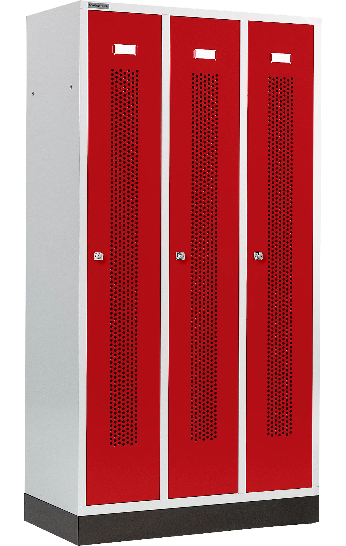 Schäfer Shop Select Taquilla, con franjas perforadas, 3 compartimentos, 300 mm, con zócalo, cerradura de cilindro, puerta rojo rubí