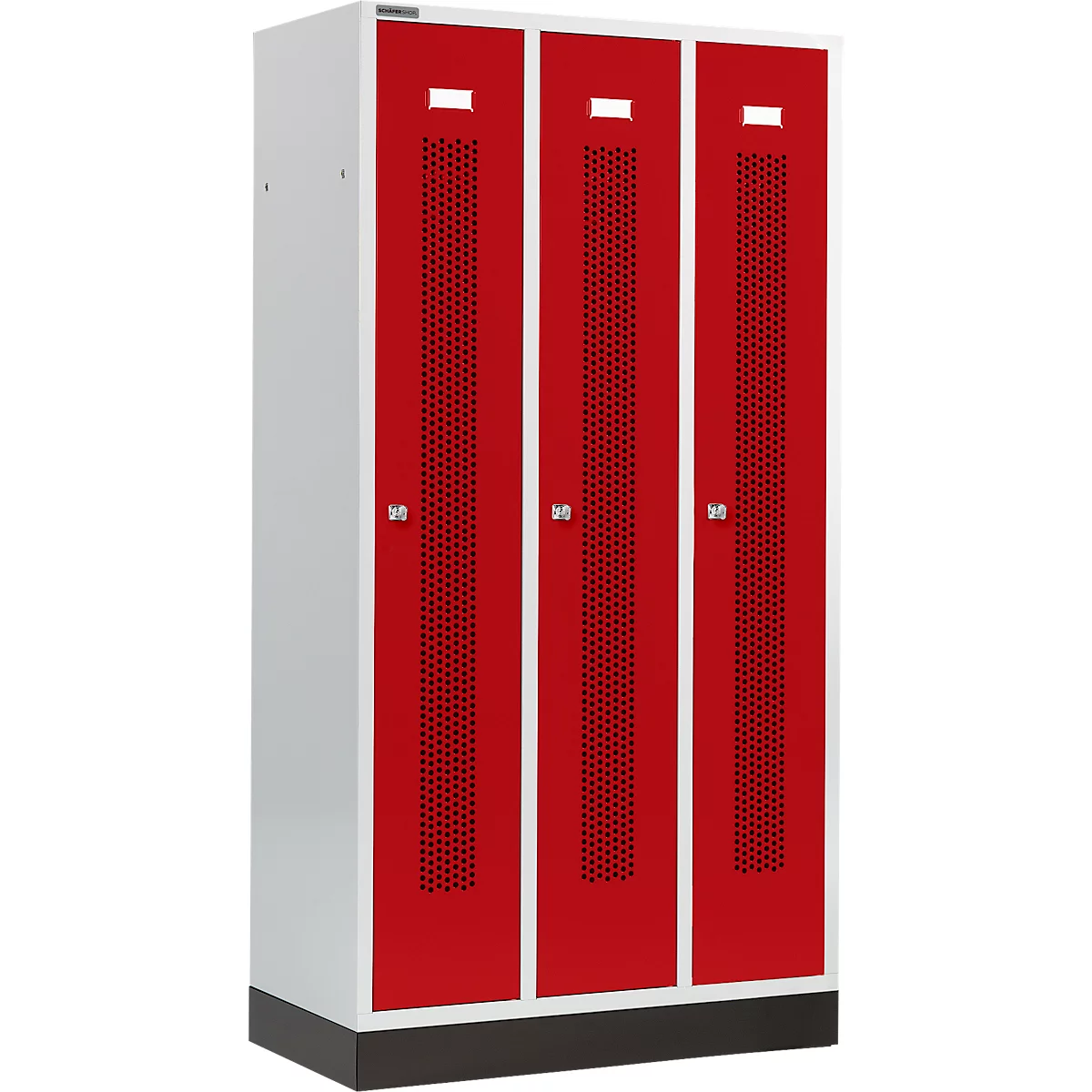 Schäfer Shop Select Taquilla, con franjas perforadas, 3 compartimentos, 300 mm, con zócalo, cerradura de cilindro, puerta rojo rubí