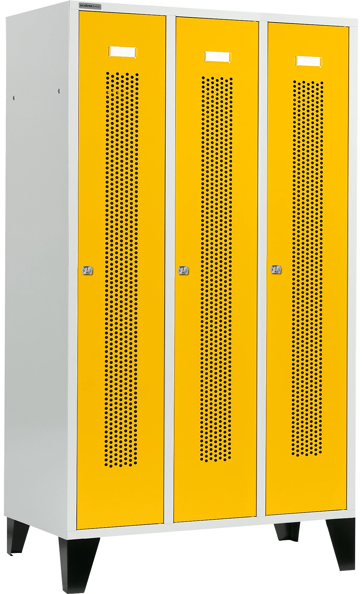 Schäfer Shop Select Taquilla, con franjas perforadas, 3 compartimentos, 400 mm, con patas, cerradura de cilindro, puerta amarillo colza