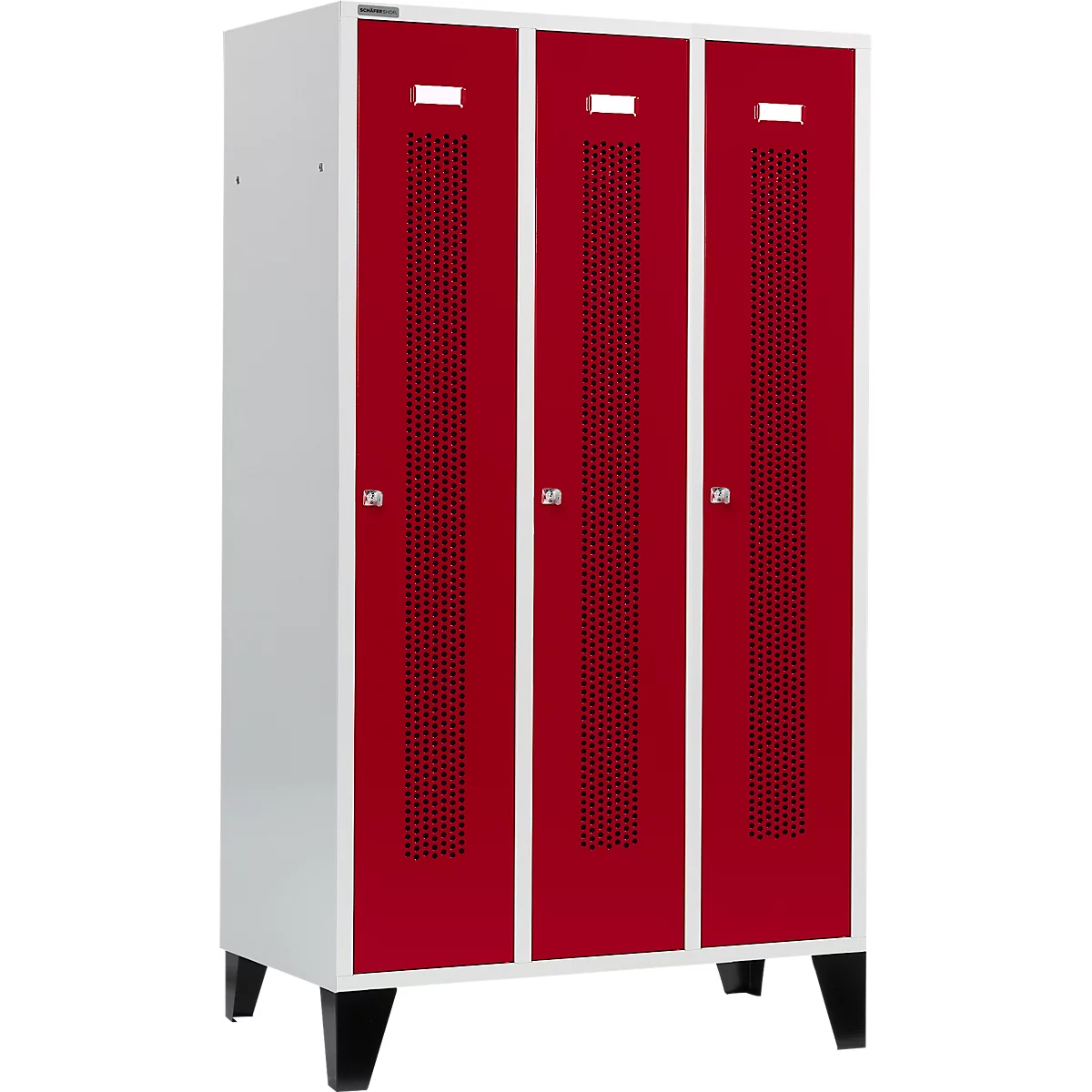 Schäfer Shop Select Taquilla, con franjas perforadas, 3 compartimentos, 400 mm, con patas, cerradura de cilindro, puerta rojo rubí