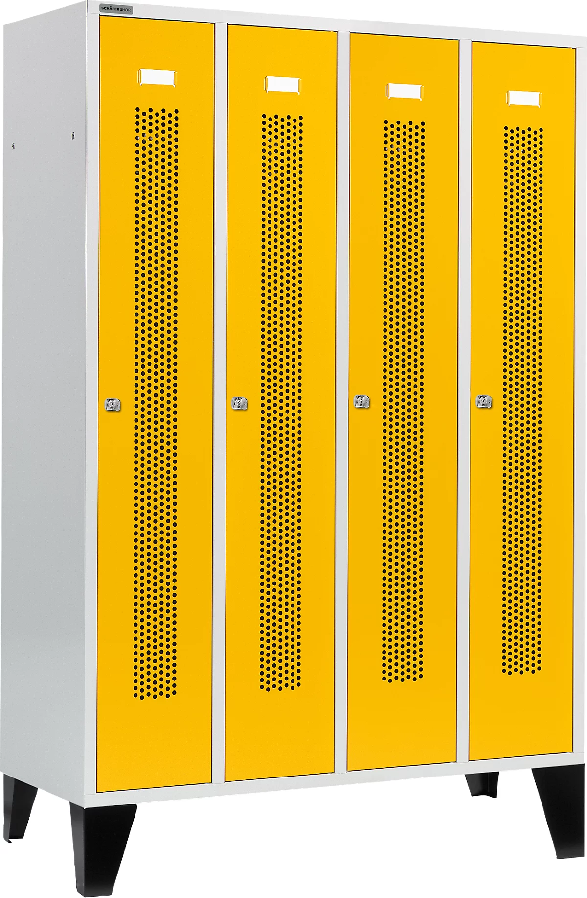 Schäfer Shop Select Taquilla con franjas perforadas, 4 compartimentos, con patas, cerradura de cilindro, puerta amarillo colza