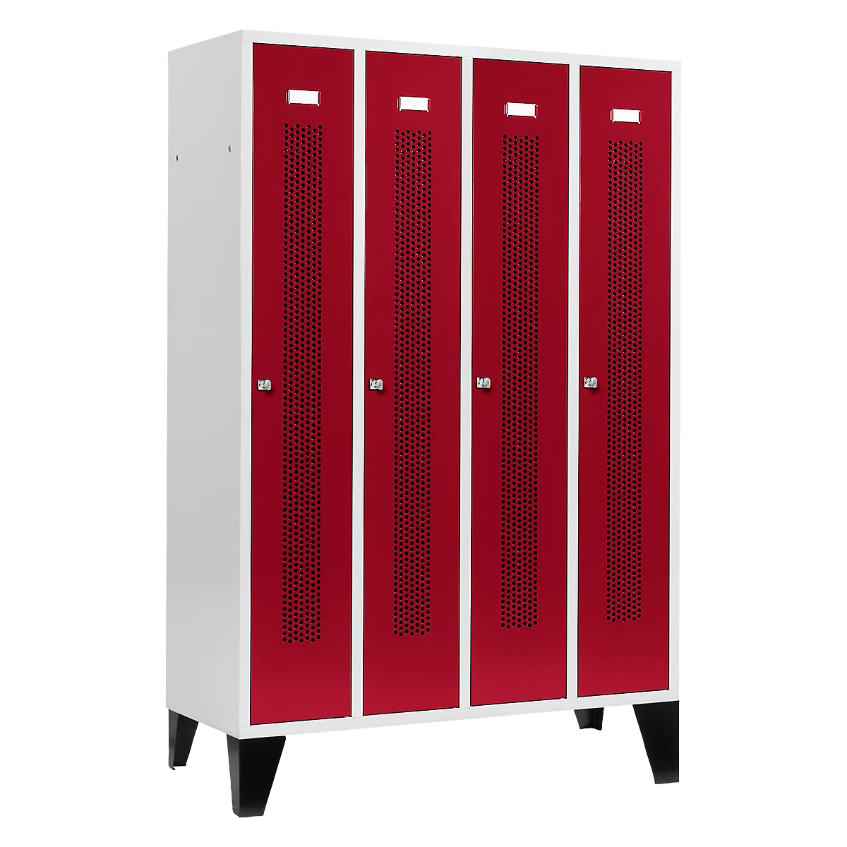 Schäfer Shop Select Taquilla con franjas perforadas, 4 compartimentos, con patas, cerradura de cilindro, puerta rojo rubí