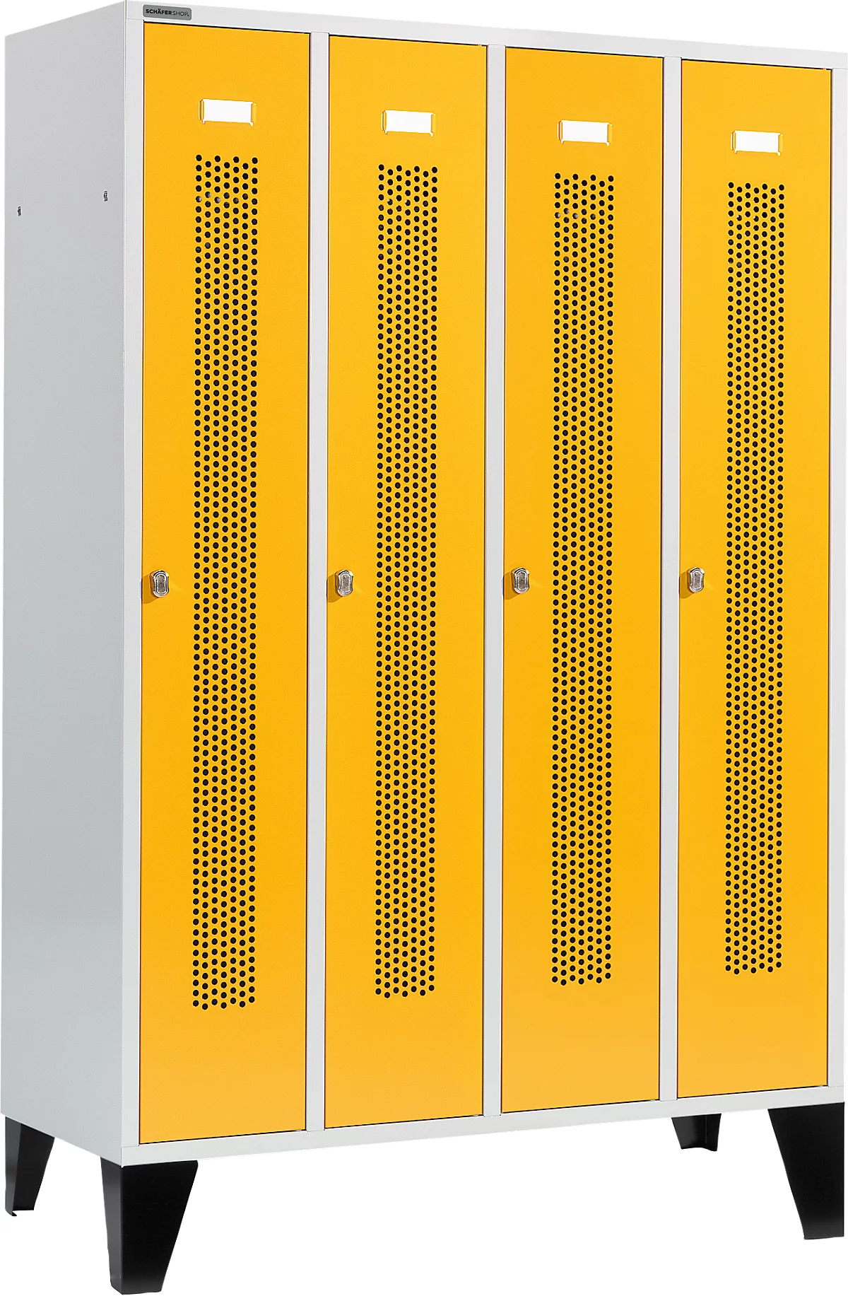 Schäfer Shop Select Taquilla con franjas perforadas, 4 compartimentos, con patas, cierre de pasador giratorio, puerta amarillo colza