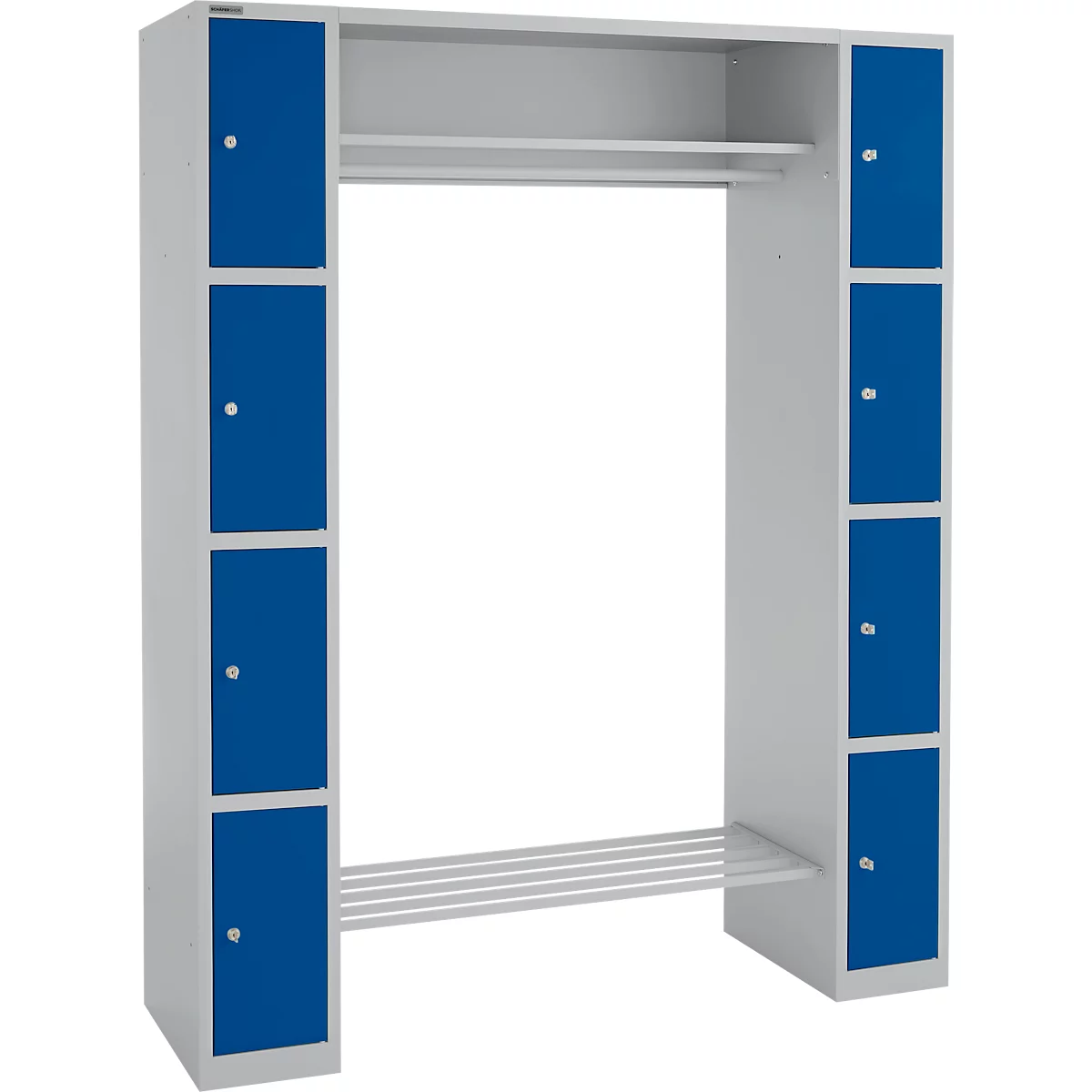 Schäfer Shop Select Taquilla consigna, con estante para sombreros y barra perchero, 2 x 4 compartimentos, An 1735 x P 500 x Al 1950 mm, aluminio blanco/azul genciana 