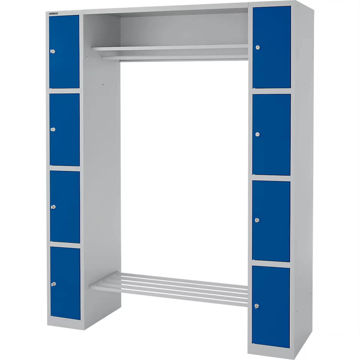 Schäfer Shop Select Taquilla consigna, con estante para sombreros y barra perchero, 2 x 4 compartimentos, An 1735 x P 500 x Al 1950 mm, aluminio blanco/azul genciana 