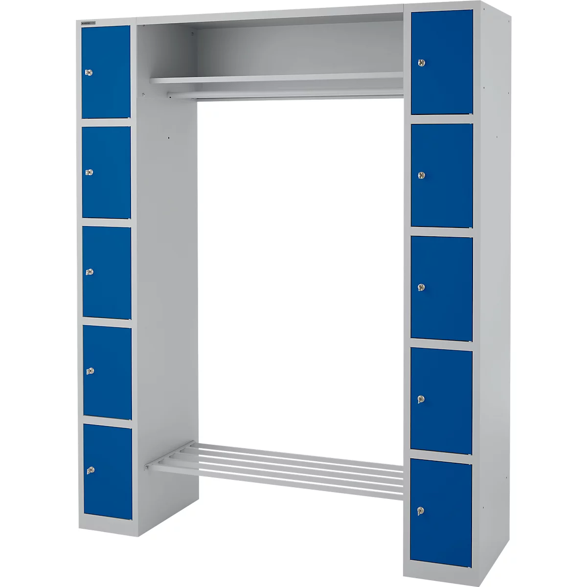 Schäfer Shop Select Taquilla consigna, con estante para sombreros y barra perchero, 2 x 5 compartimentos, An 1735 x P 500 x Al 1950 mm, aluminio blanco/azul genciana 