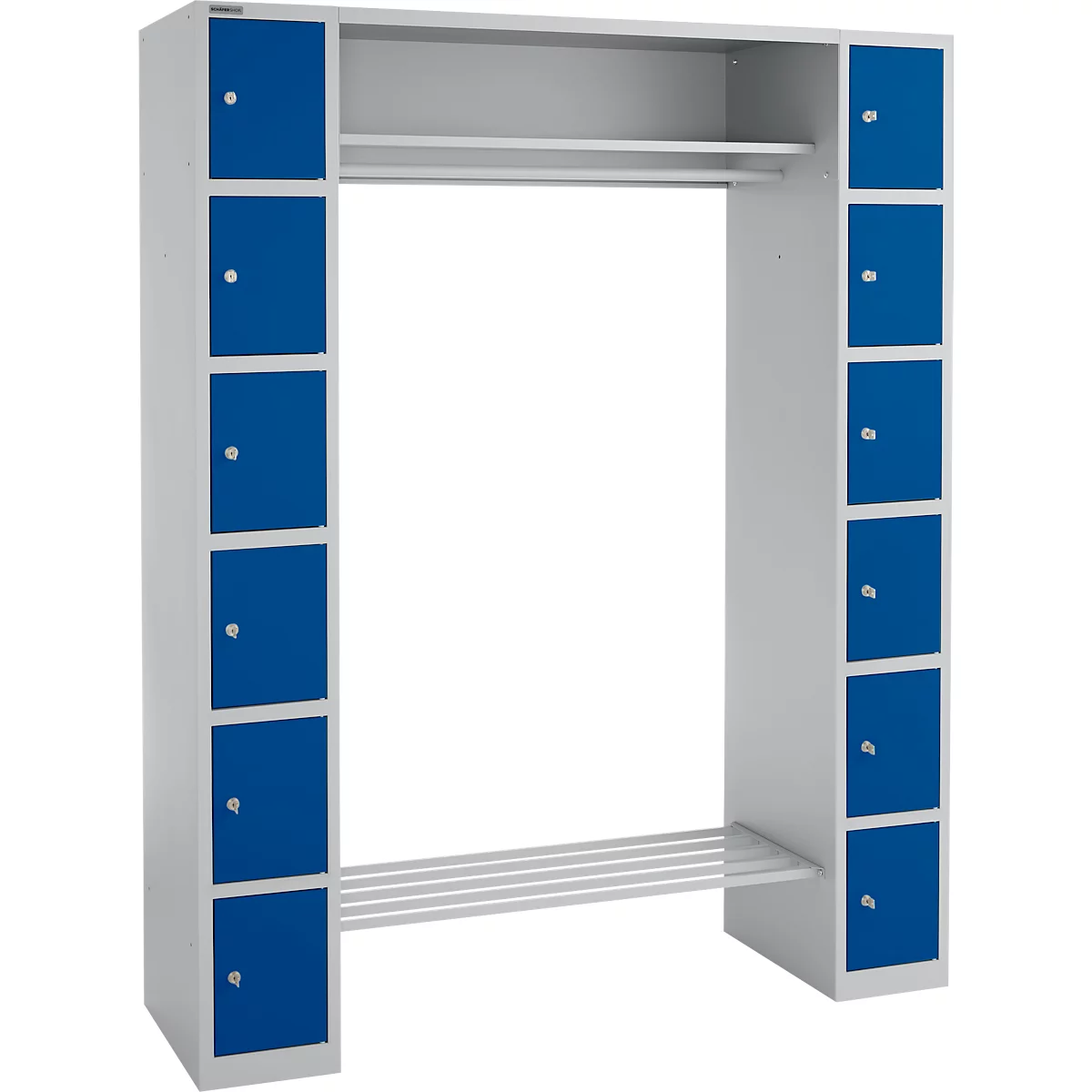 Schäfer Shop Select Taquilla consigna, con estante para sombreros y barra perchero, 2 x 6 compartimentos, An 1735 x P 500 x Al 1950 mm, aluminio blanco/azul genciana