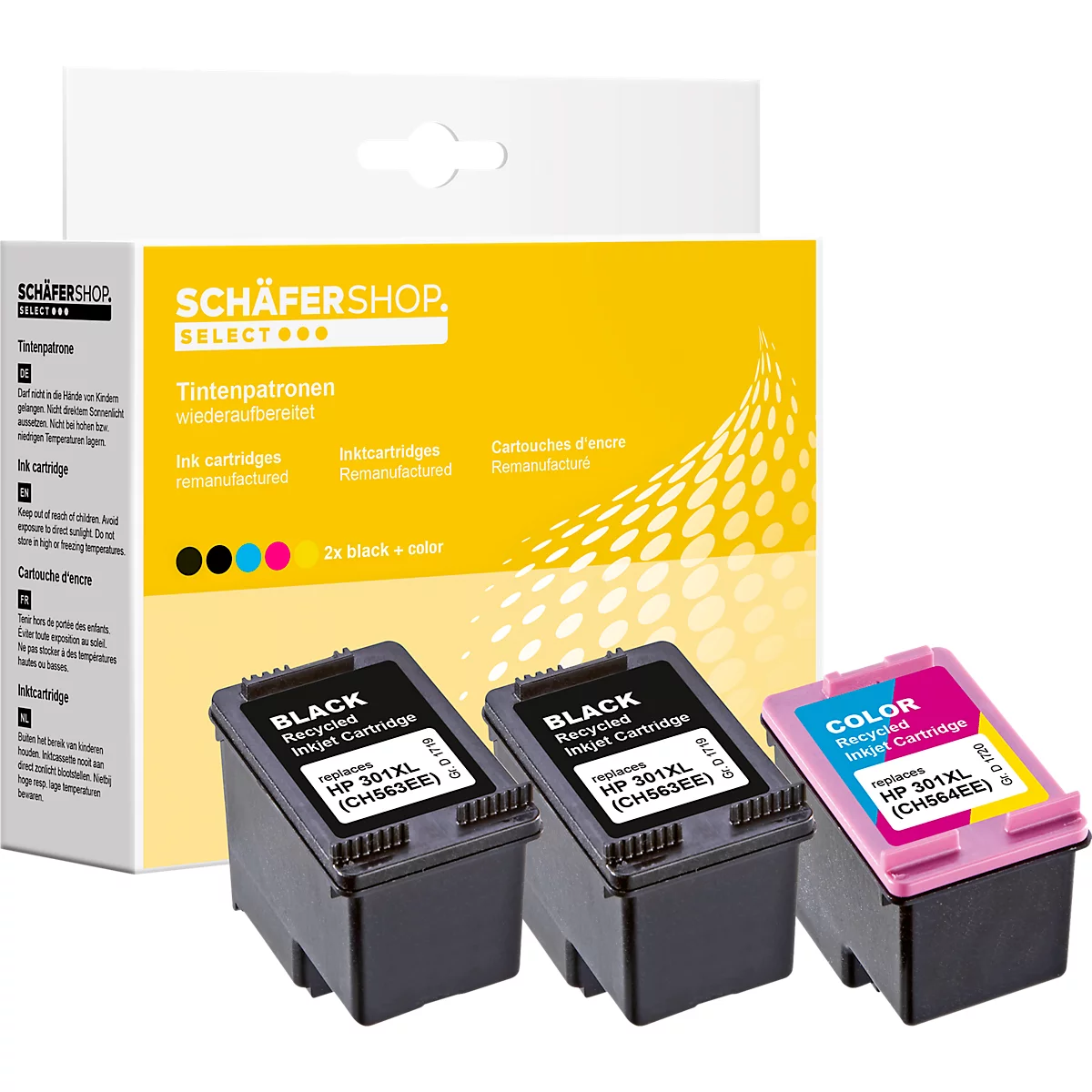 Schäfer Shop Select Tintenpatronen, ersetzt HP 301XL (CH563EE/CH564EE), Mixpack, schwarz, Tri-Colour