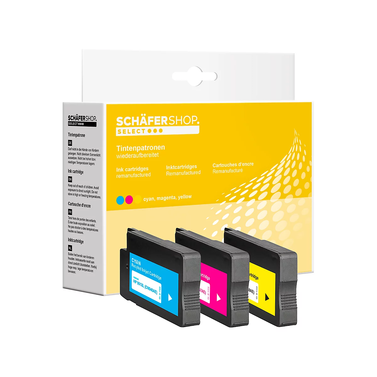 Tintenpatronen-Set mit blauer, pinker und gelber Tinte und Verpackung. Schäfer Shop Schriftzug.