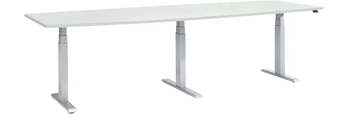 Schäfer Shop Select Tisch, elektrisch höhenverstellbar, Boot, T-Fuß, B 2800 x H 640-1300 mm, lichtgrau/weißaluminium