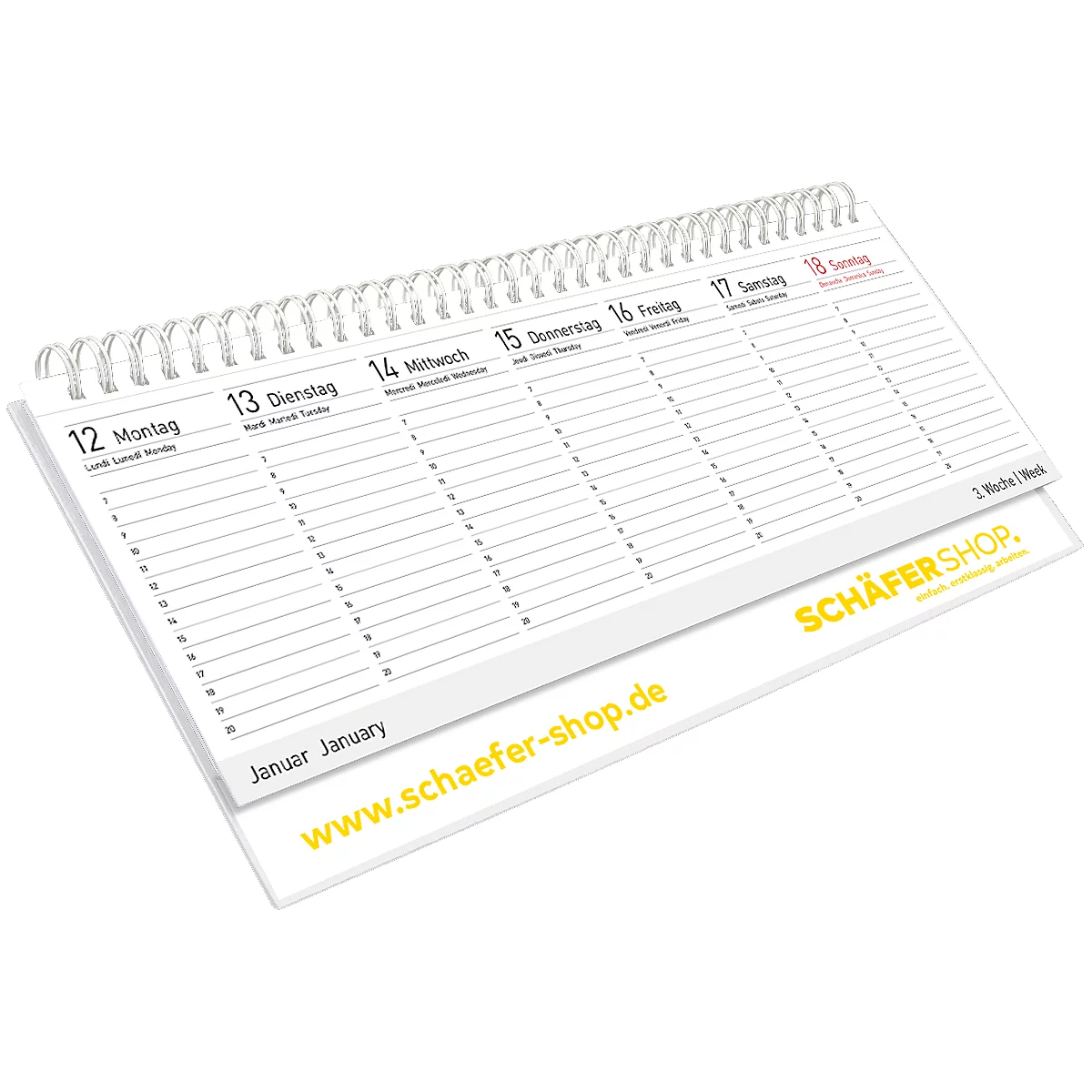 Schäfer Shop Select Tischquerkalender 2026, Kalendarium in vers. Sprachen, B 298 x H 105 mm, Karton, weiß