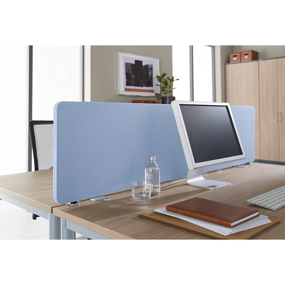 Schäfer Shop Select Tischtrennwand, Materialstärke 30 mm, B 1600 x H 387 mm, 100 % Post-Consumer-Recyclingpolyester, blaugrau