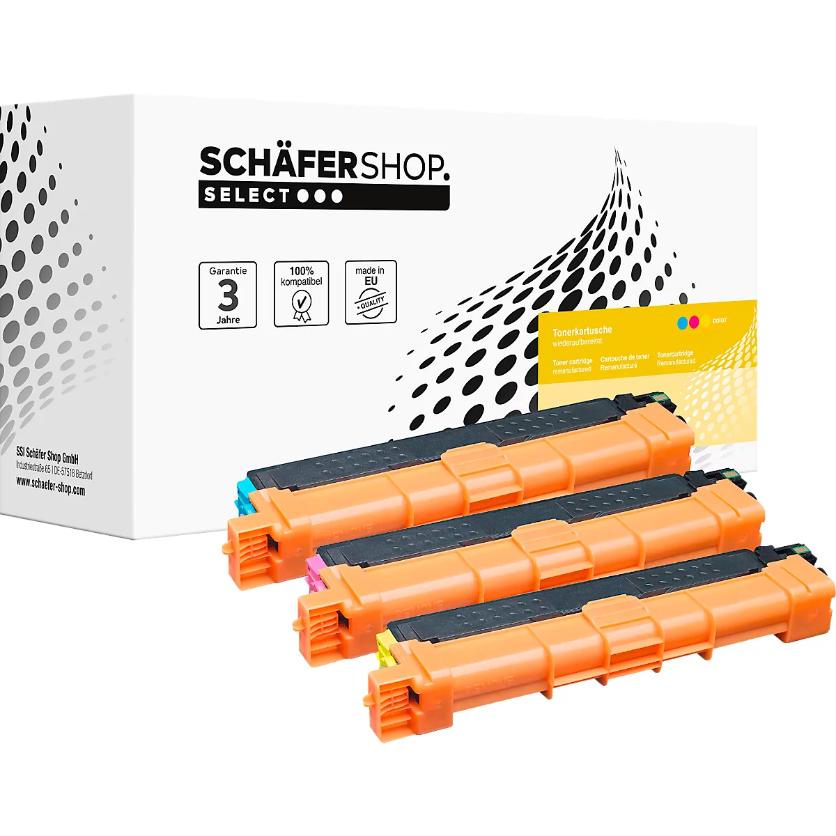 Produktabbildung eines Druckertoner-Sets. Auf der weissen Verpackung steht "SchäferShop". Vier orangefarbene Patronen liegen davor.