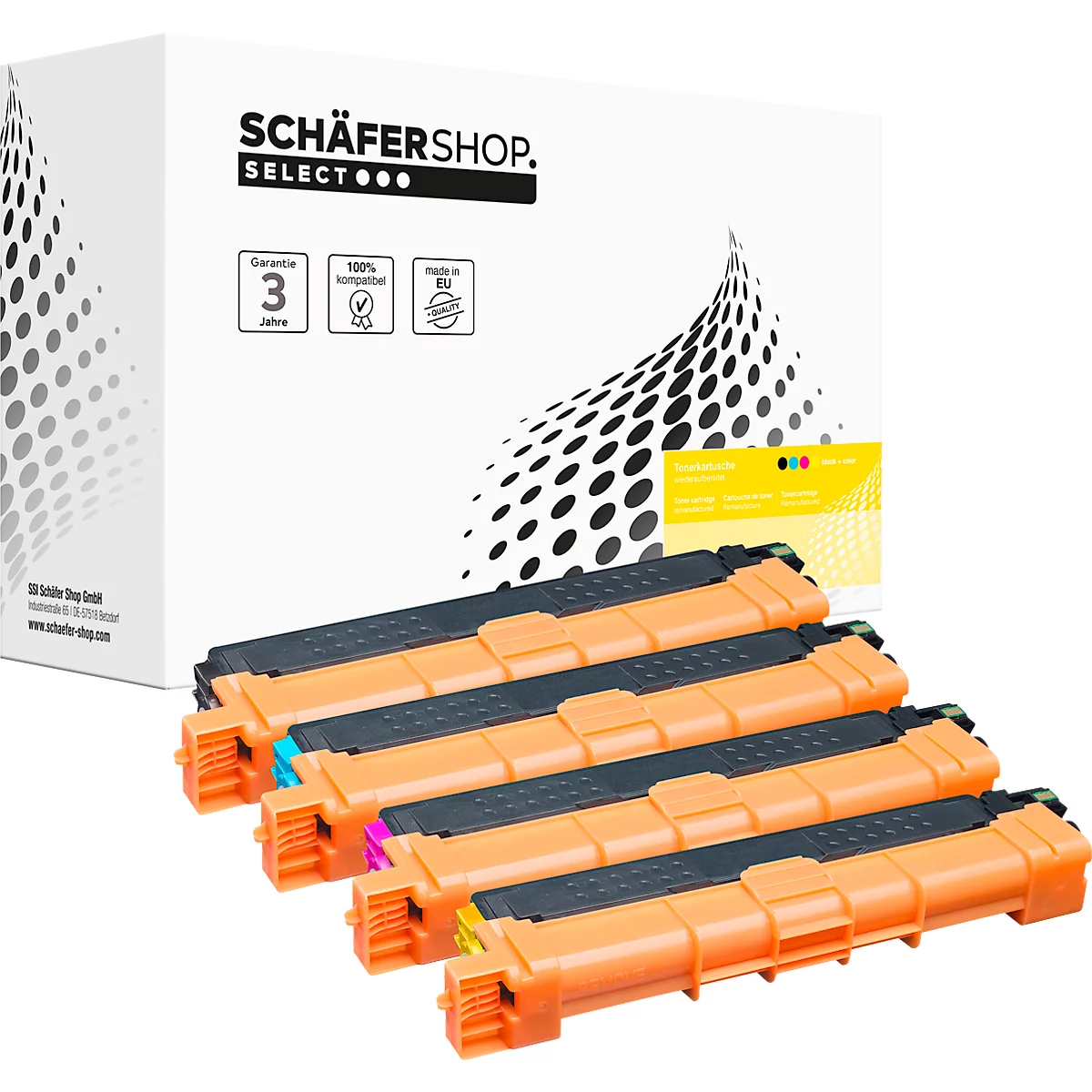 Vier orangefarbene Tonerkartuschen vor einer weissen Produktverpackung von Schäfer Shop Select.