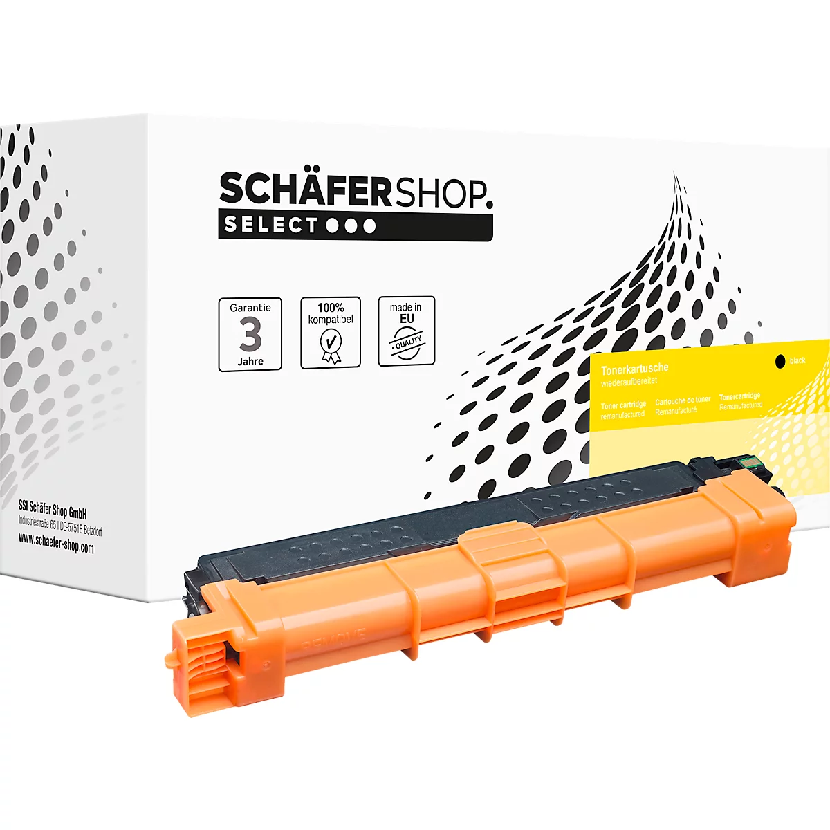 Toner-Kartusche in Orange und Schwarz vor weisser Verpackung mit Schäfer Shop Select Logo.