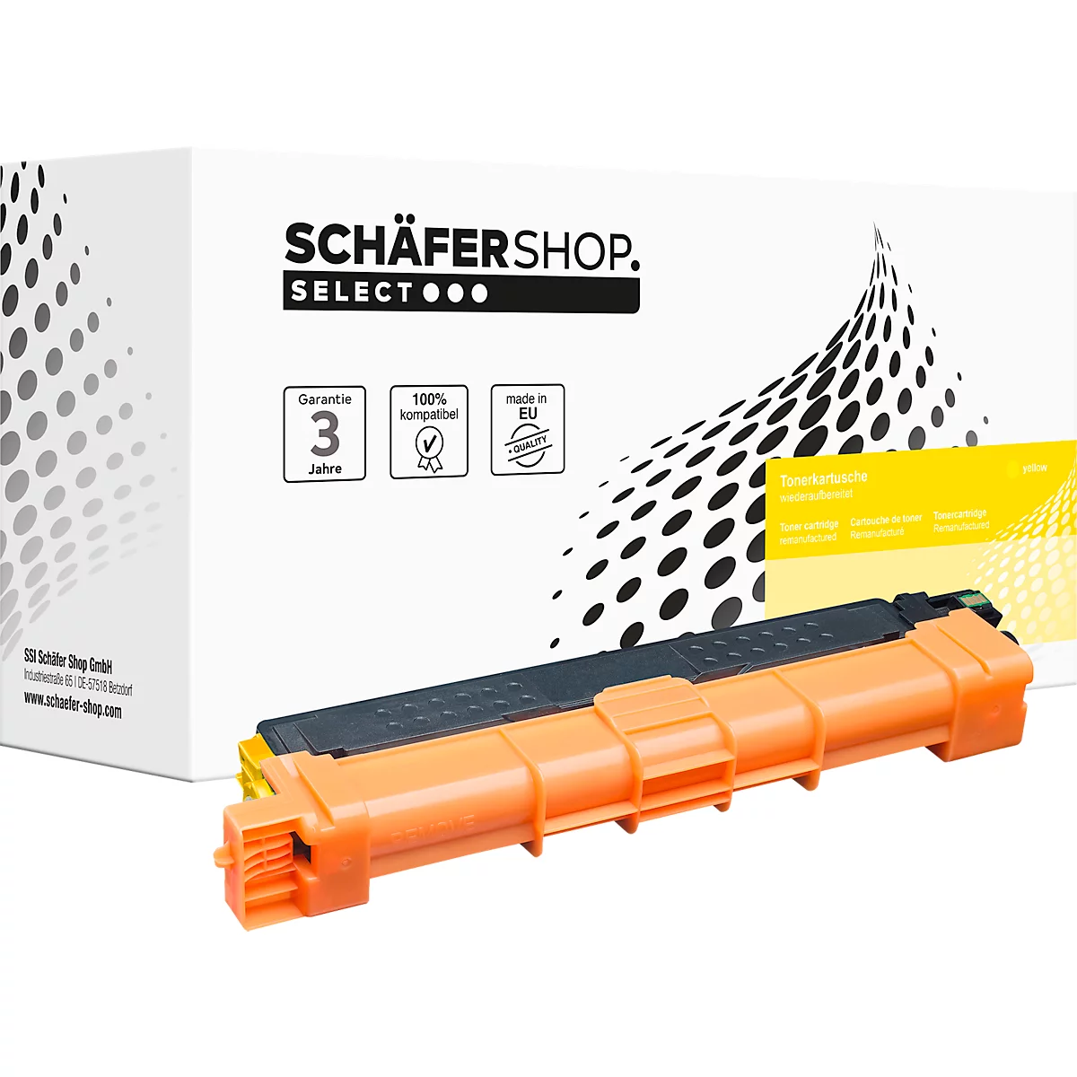 Gelbe Tonerkartusche von Schäfer Shop Select vor der zugehörigen weissen Produktverpackung.