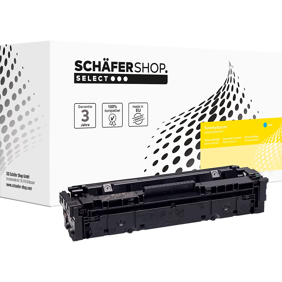 Schäfer Shop Select Tonerkartusche vor der weissen Produktverpackung mit Markenlogo und Garantiesymbolen.