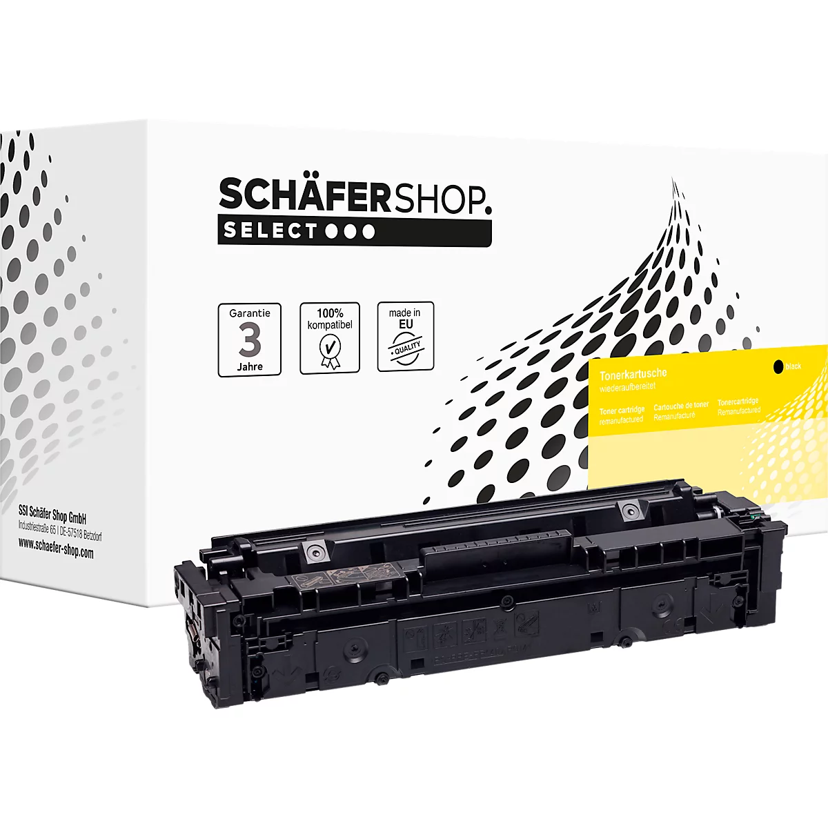 Schwarze Tonerkartusche vor einer weissen Verpackung mit dem Logo Schäfer Shop Select.