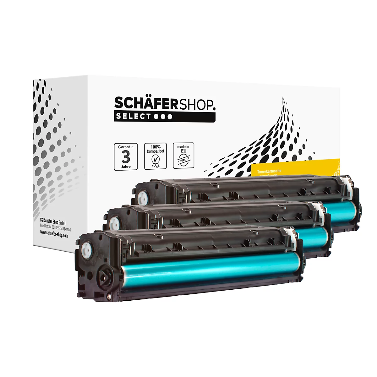 Trois cartouches de toner noires devant un emballage blanc avec l'impression 'Schäfershop'.