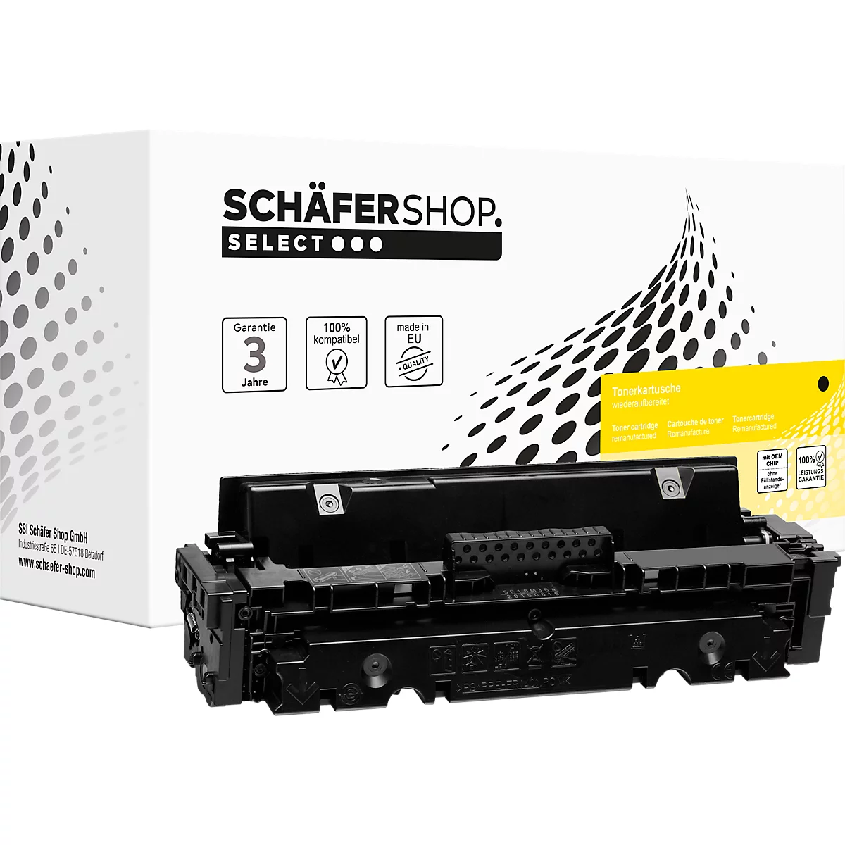 Eine schwarze Druckerpatrone steht vor einer weißen Schachtel. Auf der Schachtel steht Schäfershop. Der Hintergrund ist mit weißen Kreisen versehen.