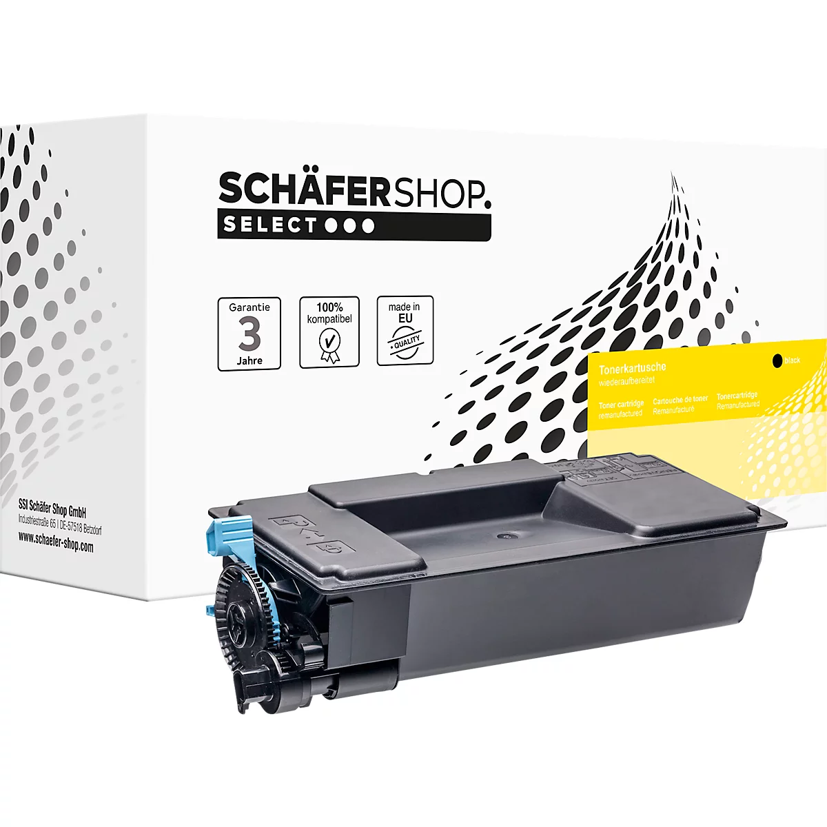 Schwarze Tonerkartusche vor einer weissen Verpackung mit gelbem Akzent und Schäfer Shop Select Logo.