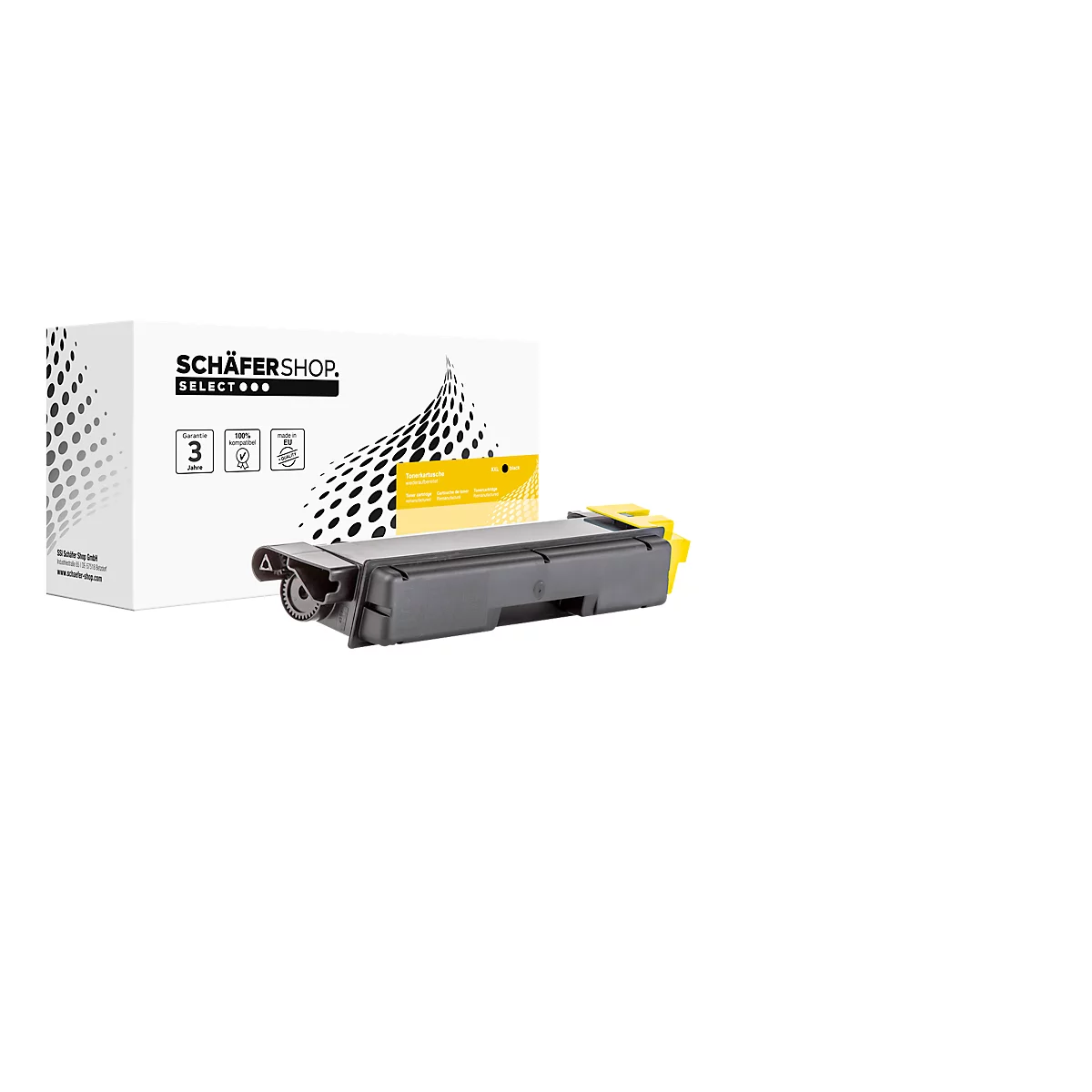 Gelbe Tonerkartusche mit Verpackung, Schriftzug 'SCHÄFERSHOP' und 'SELECT' auf weißem Hintergrund.