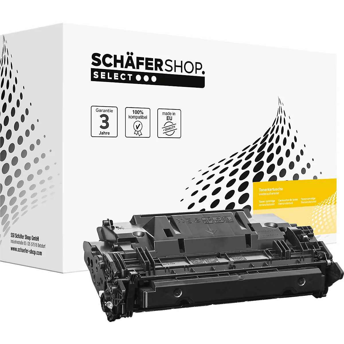 Zwarte tonercartridge voor een witte verpakking, met logo en productinformatie.