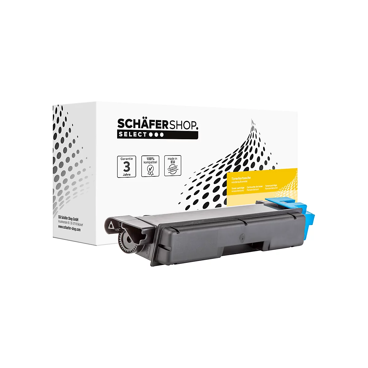 Toner-Kartusche und Verpackung. Schwarzer Toner, blaue Elemente, Schriftzug Schäfer Shop.