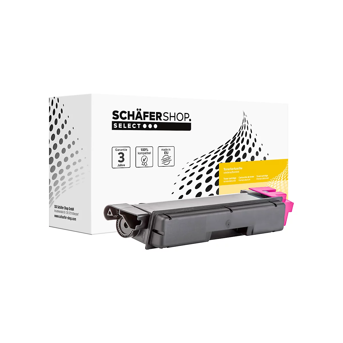 Tonerkartusche mit Verpackung von Schäfer Shop. Die Kartusche ist schwarz mit magenta Akzenten. Die Verpackung hat Text und Logos.
