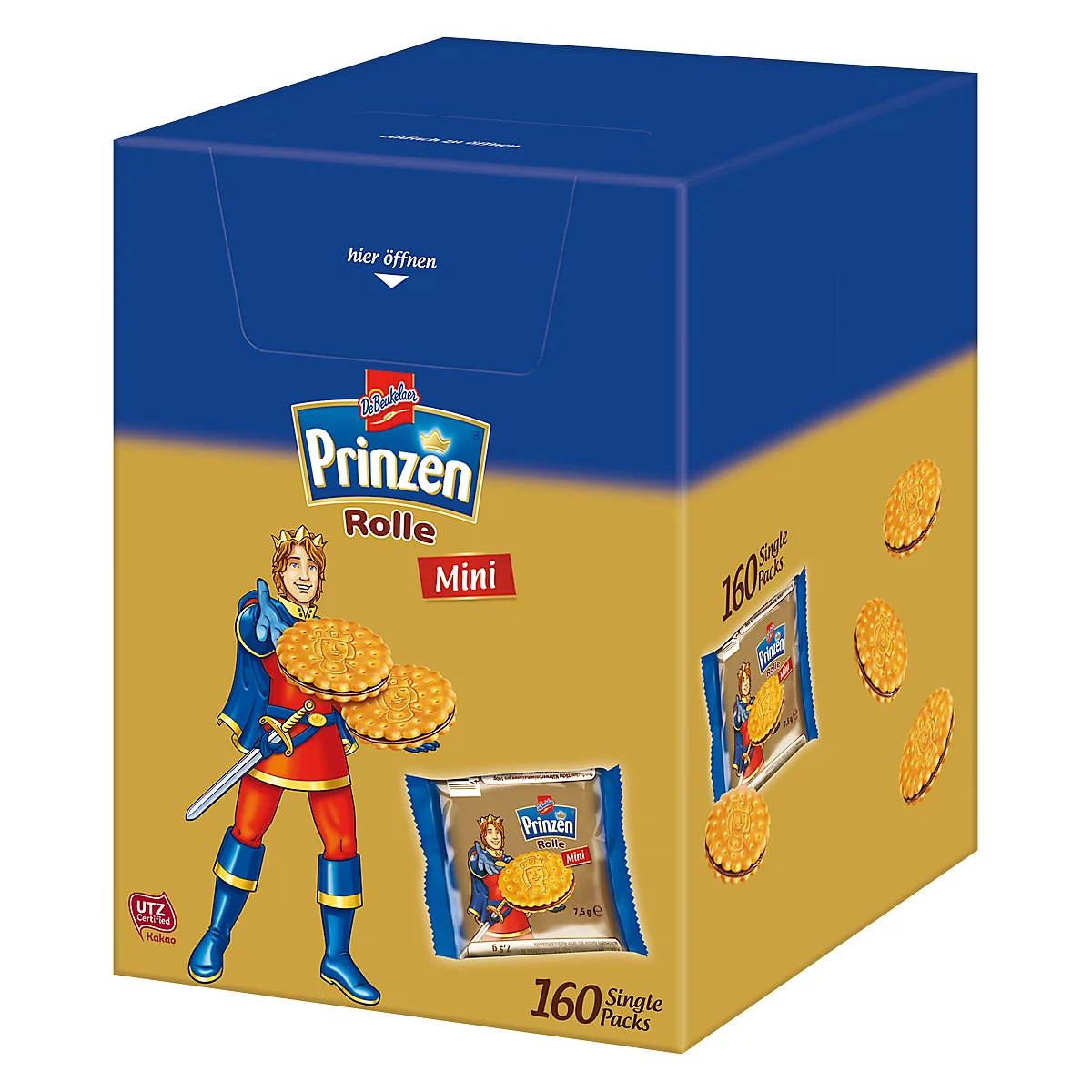 Boîte de biscuits Prinzen Rolle Mini. Impression avec chevalier, biscuits et texte. Des emballages individuels sont à côté.